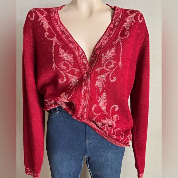 Y2K Norm Thompson Red Floral Knit Cardigan Sweater Medium Wool Blend filigree - Picture 1 of 8